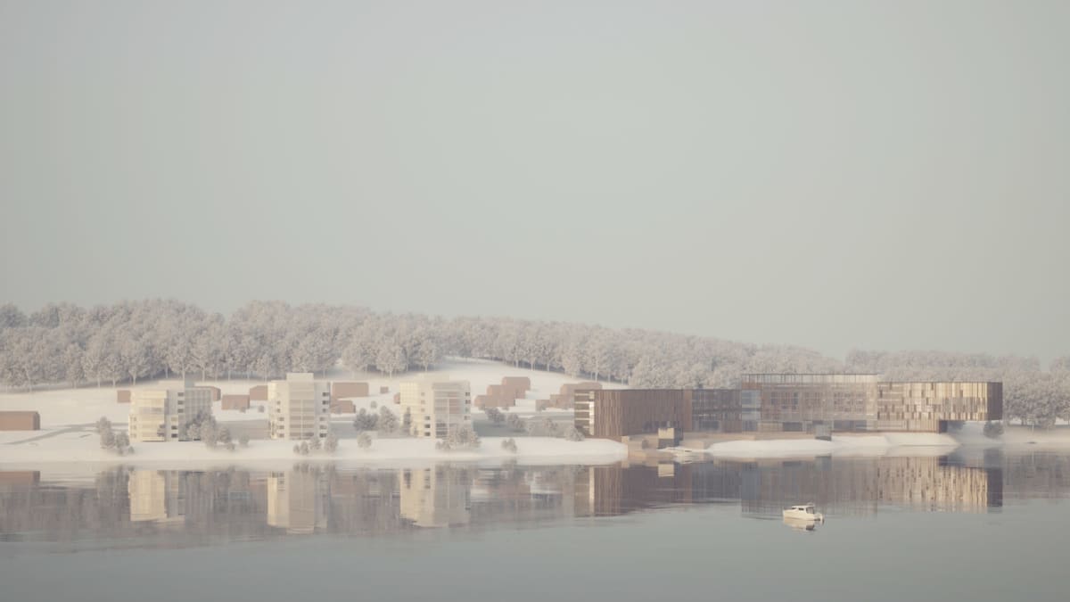 Talvinen havainnekuva Valionrantaan suunnitellusta kylpylähotellista.