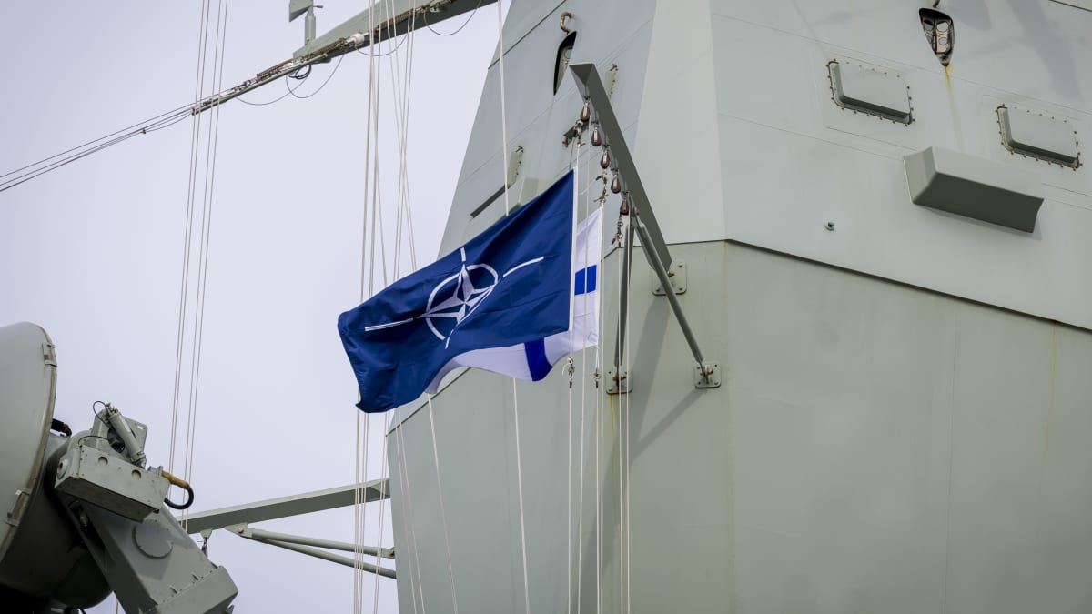 The Finnish and Nato flags flying on the German Navy's FGS Mecklenburg-Vorpommern vessel, as it docked in Helsinki last month.