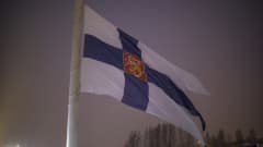 Suomen valtiolippu isossa lipputangossa.