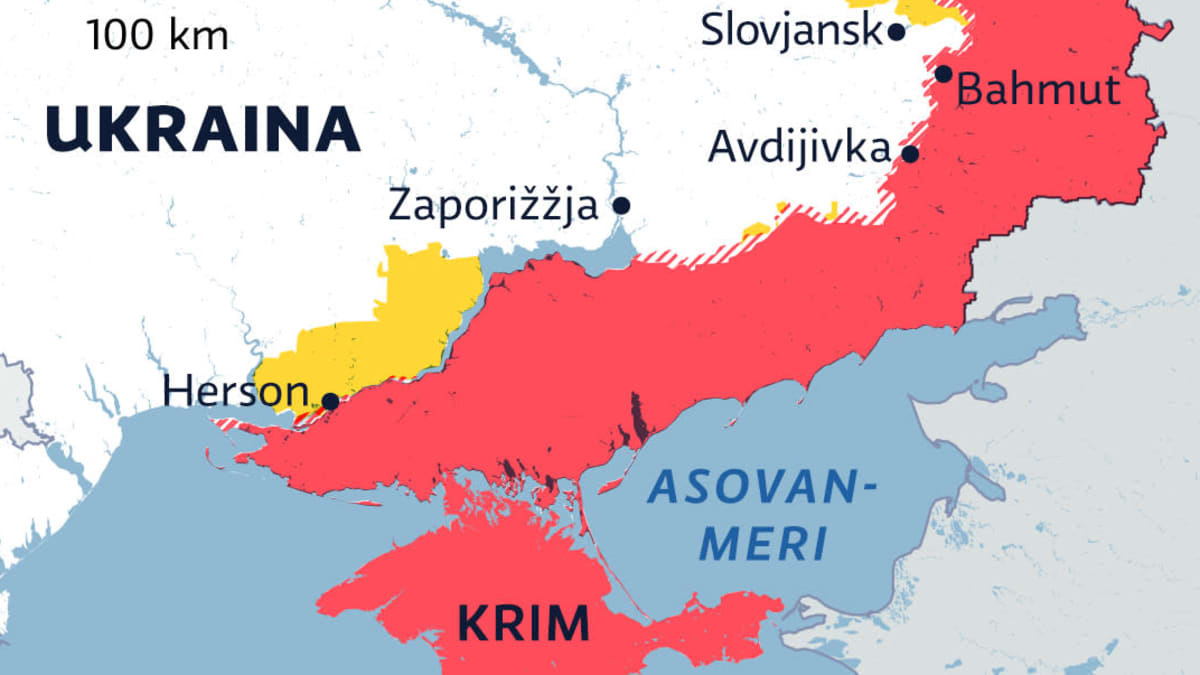 Kartalla Venäjän valtaamat alueet Ukrainassa 27.3.2023.