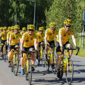 Team Rynkebyn Oulun-joukkue pyöräilee keltasissa pyöräilyvarusteissaan kesämaisemassa.