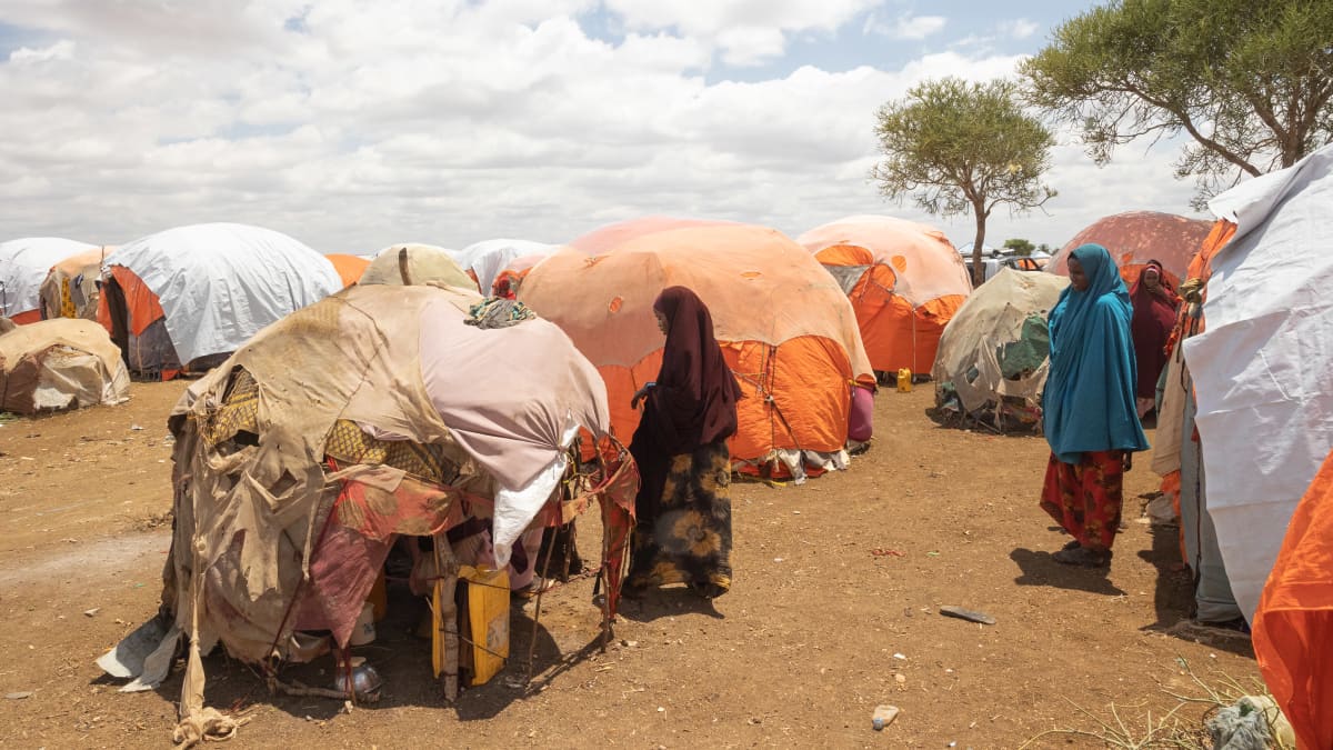 Puolipallon muotoisia majoja ja ihmisiä somalailaisella pakolaisleirillä keskipäivän kuumuudessa. 