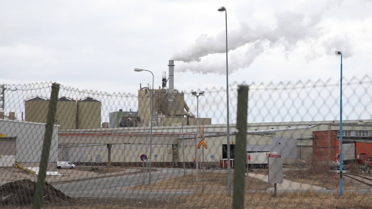 Paksuilla tolpilla tuettu verkkoaita, jonka takaa näkyy Stora Enson Veitsiluodon tehtaan rakennuksia. Sellutehtaan piipuista nousee savua.