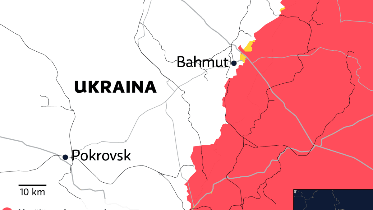 Kartalla Venäjän valtaamat alueet Bahmutin alueella Ukrainassa 7.12.2022.
