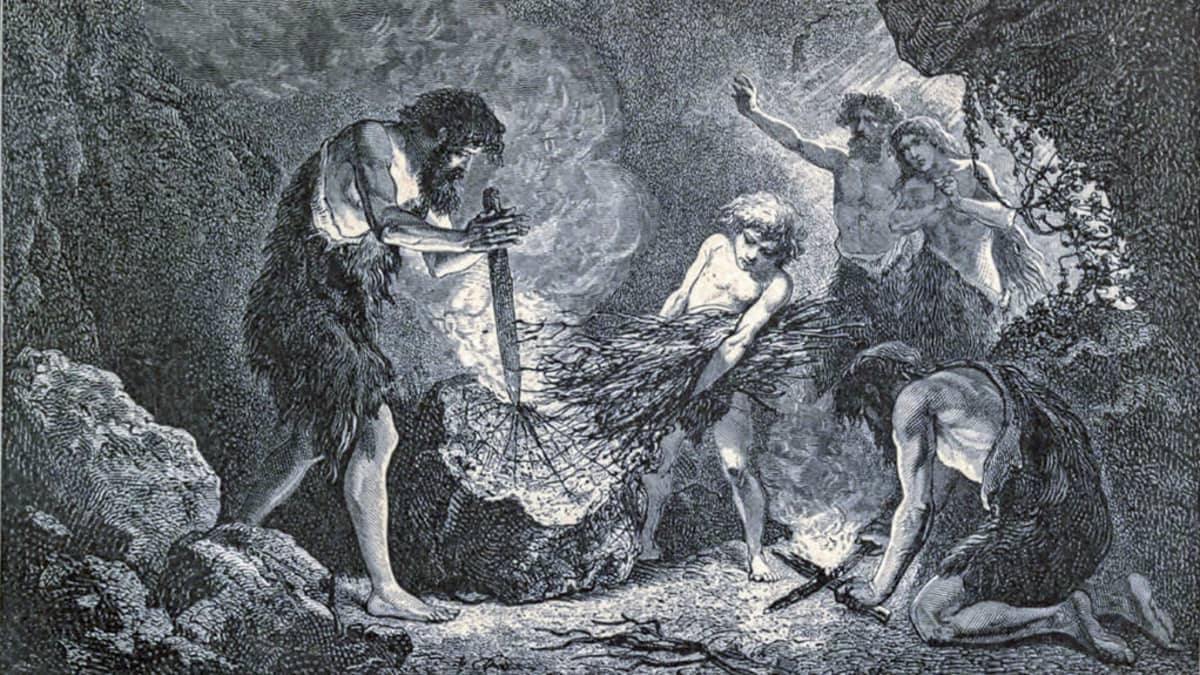 Mustavalkoinen piirroskiva viidestä ihmisestä luolassa tekemässä tulta hieromalla puunkappaleita yhteen ja ruokkimalla liekkejä risuilla. 