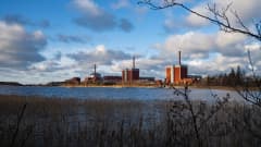 yleiskuva - Olkiluodon ydinvoimalaitoksen kolme reaktorirakennusta aurinkoisessa syyssäässä merenlahden toisella puolen.