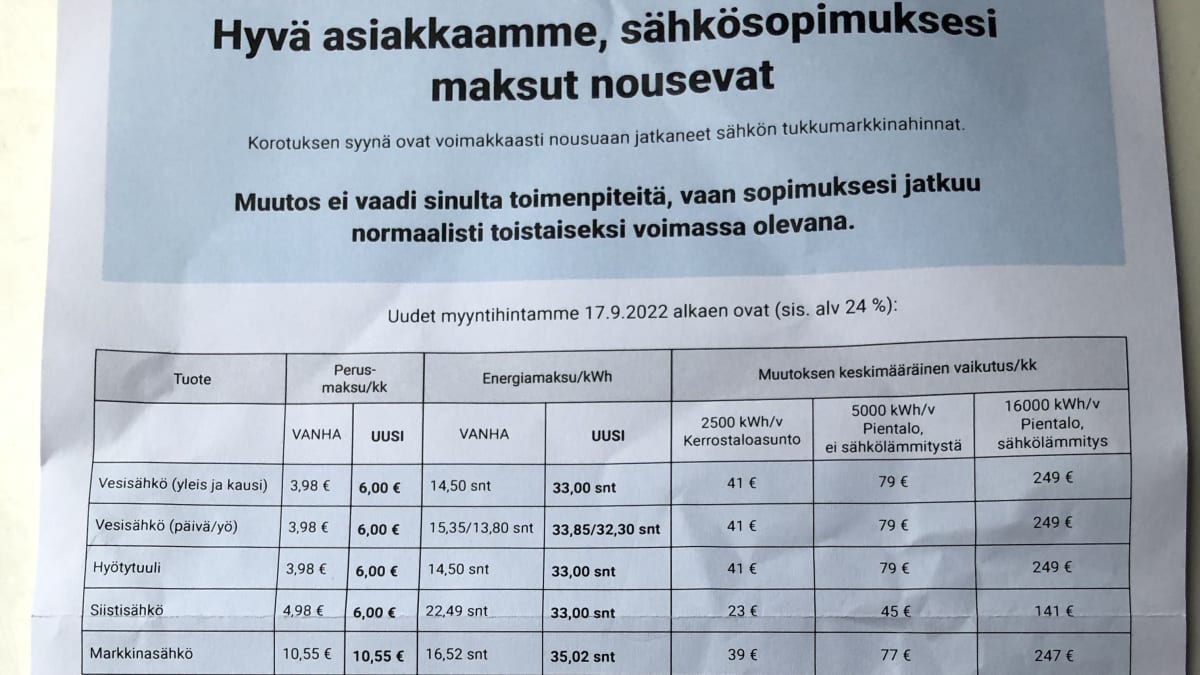 Tampereen sähkölaitoksen ilmoitus asiakkaille hintojen noususta.
