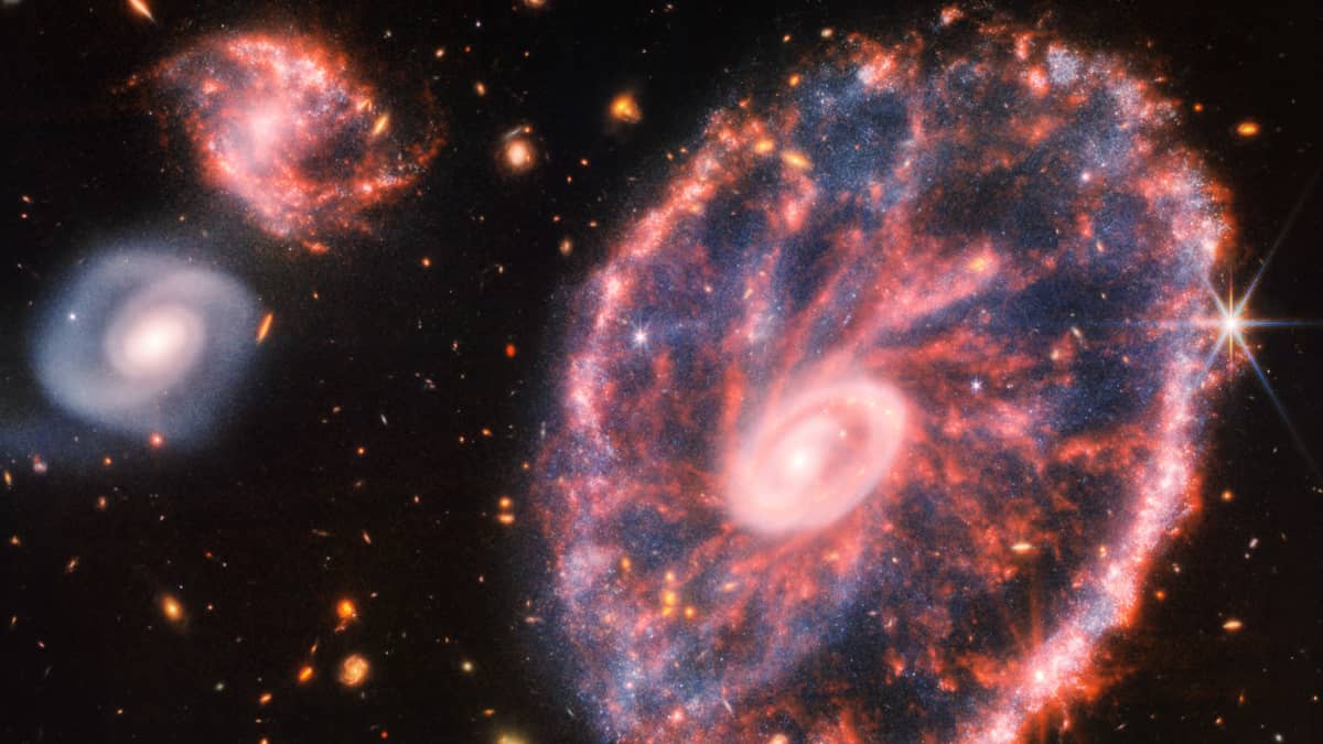 Rengasgalaksi ja kaksi pienempää galaksia.
