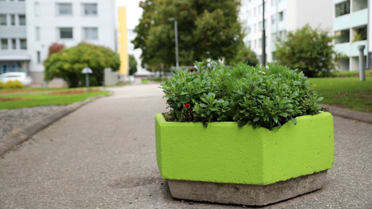 Vihreä, betoninen kukkaruukku turkulaisessa Jyrkkälän lähiössä. 