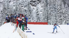 Huoltajia ja valmentajia ladun varressa hihdon MM-kisoissa. Krista Pärmäkoski hiihtää ylämäkeen joukon ohi.
