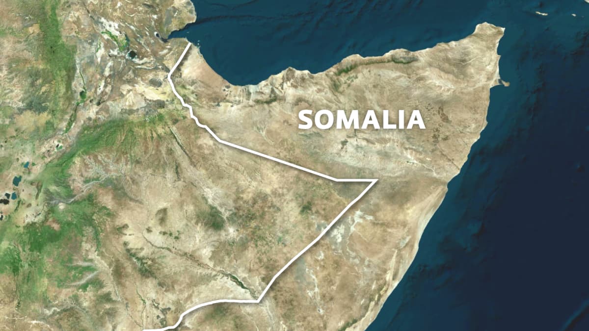 Satelliittikartalla Somalian eteläosan vehreä alue, pääkaupunki Mogadishu ja Baidoan kaupunki.