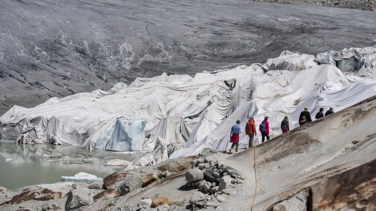 Retkeilijät kävelevät kankailla peitetyn jäätikön reunalla aurinkoisella säällä.
