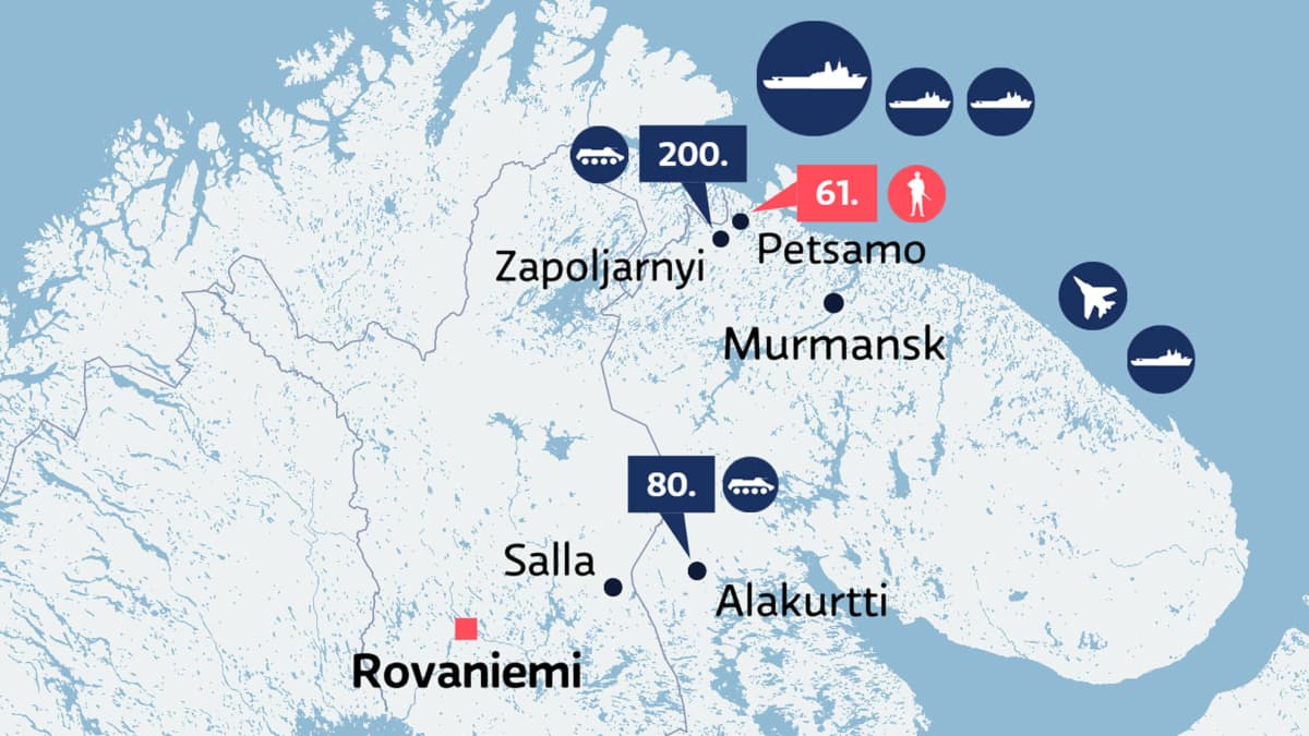 Karttagrafiikka, jossa esitetään Venäjän varuskuntia ja sotilasjoukkoja Jäämeren rannikolla ja Suomen rajan tuntumassa.
