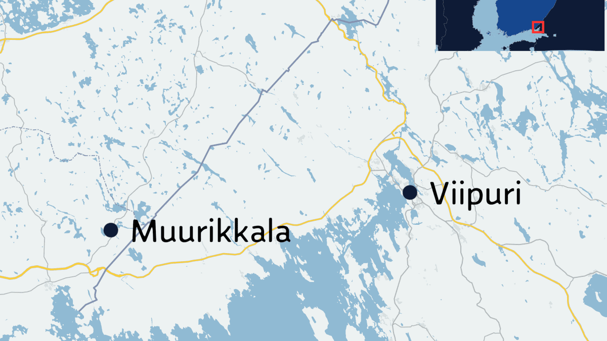 Kartta näyttää Muurikkalan sijainnin lähellä Suomen kaakkoisrajaa.
