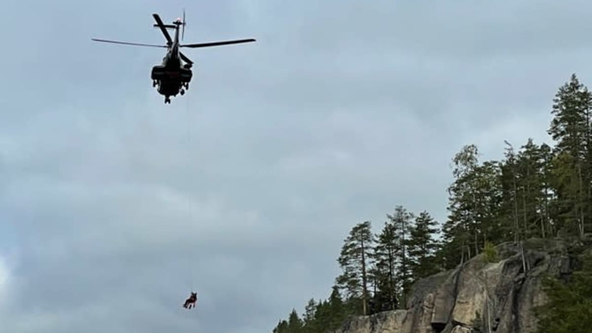 Helikopteri pelastaa kiipeilijän harjoitustilanteessa