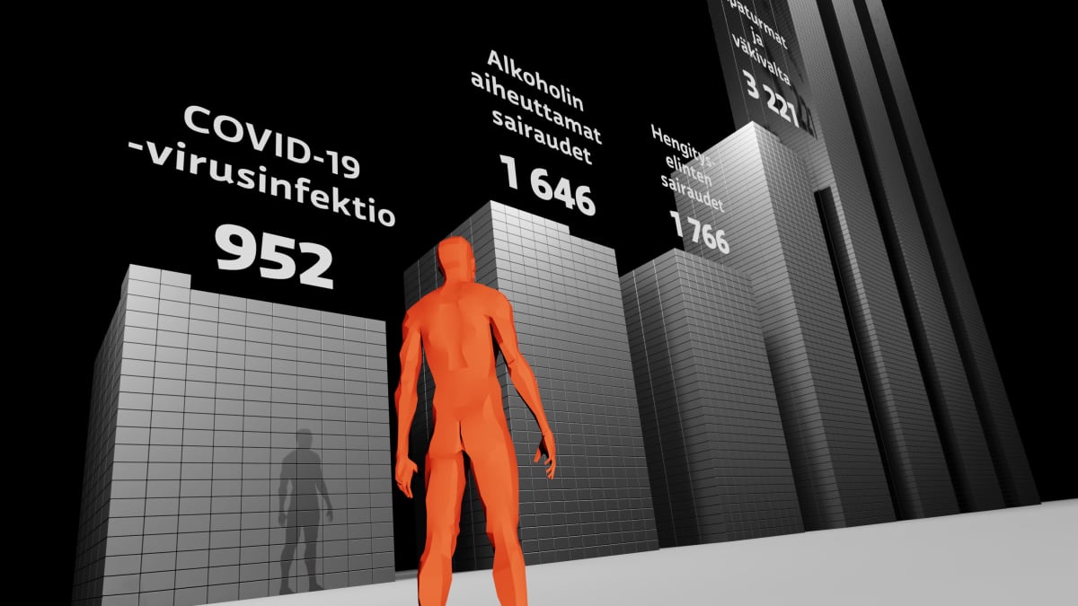 3D-Kuva ihmishahmosta joka seisoo pilvenpiirtäjiä muistuttavien tornien edessä.