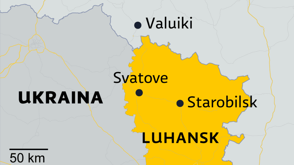 Kartalle merkattuna Ukrainan ja Venäjän koillisrajan tuntumassa olevat Ukrainan kaupungit Svatove ja Starobelsk sekä Venäjän kaupungit Valuiki, Belgorod, Kursk ja Voronež.