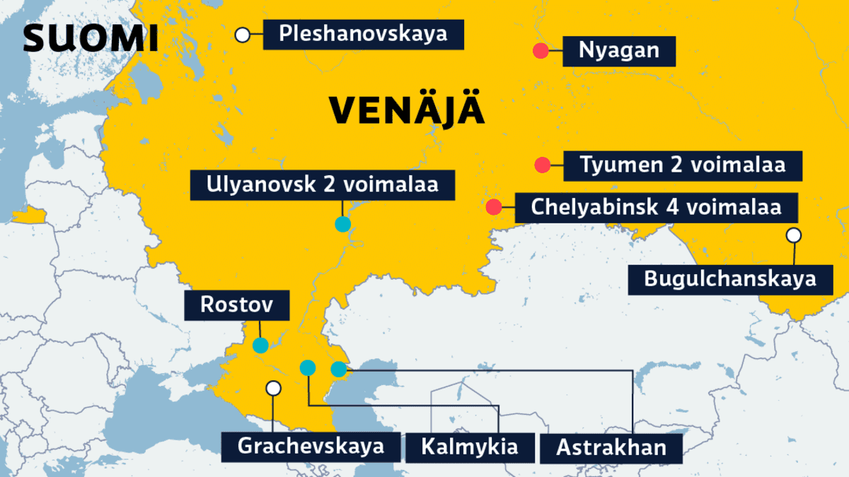 Kartalla näkyy Fortumin kaasu-, tuuli- ja aurinkovoimalat Venäjällä. Voimaloita on yhteensä viisitoista.