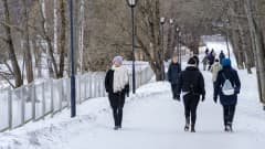 Ulkoilija Helsingissä 7.3. 2021.