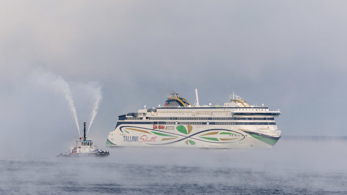 Tallink-kirjauksella varustettu laiva saapuu satamaan perinteisen vesitykkitervehdyksen saattamana.