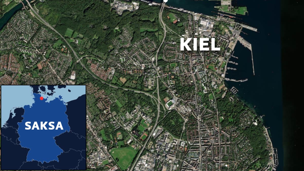 Satelliittikartalla Holtenaun silta Kielissä Pohjois-Saksassa.