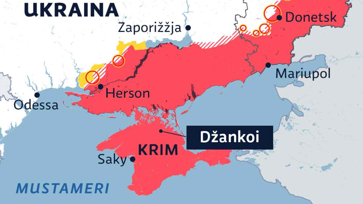 Kartalla Venäjän valtaamat alueet Itä-Ukrainassa 16.8.2022 sekä merkittynä Džankoin sijainti.