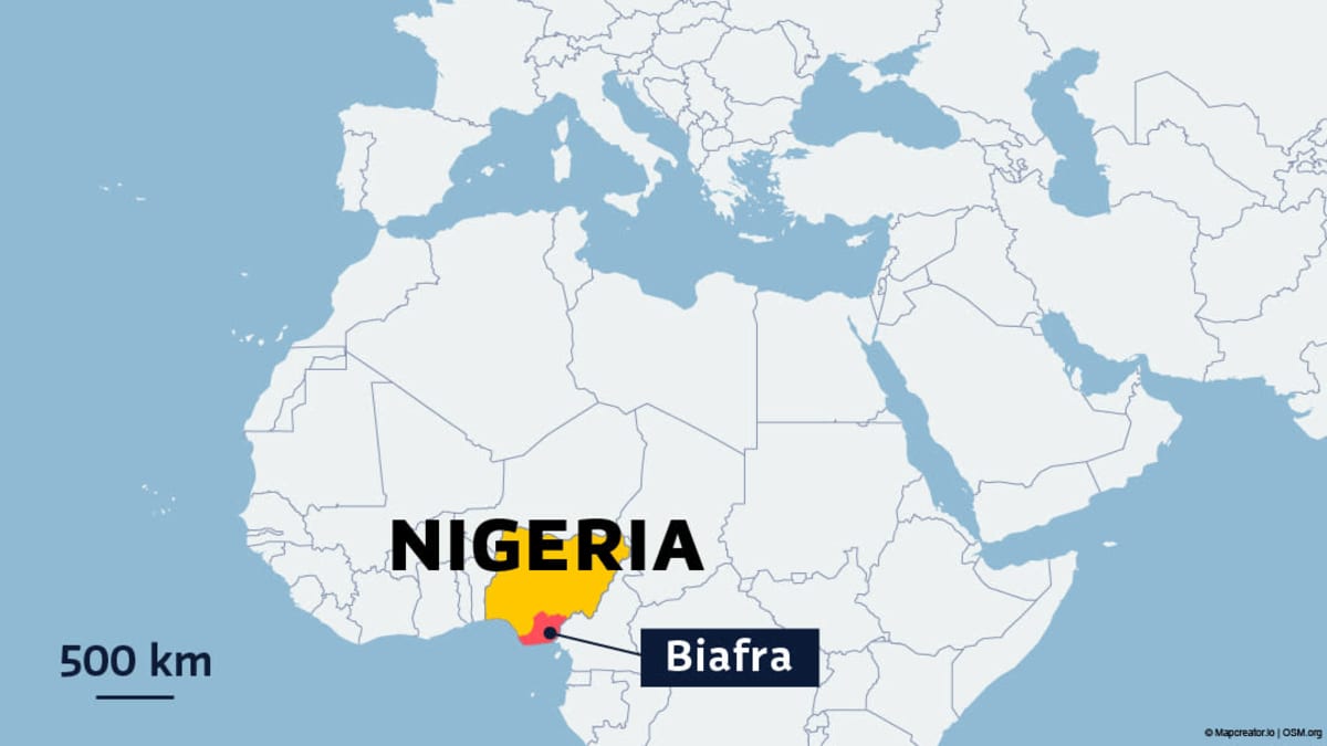 Karttalla Nigeria, Biafran alue, Suomi sekä Lahden kaupunki.