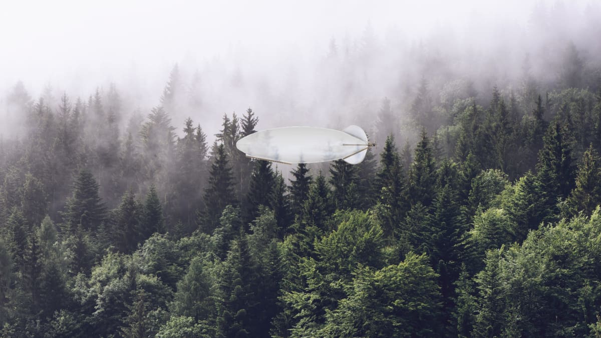 Noin viisi metriä pitkä ilmalaiva lentää metsän yllä.