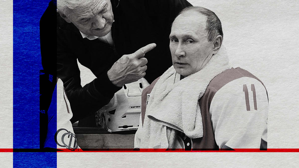 Kollaasikuvitus. Valokuvassa Gennadi Timtsenko ja Vladimir Putin Sotsissa 2015.