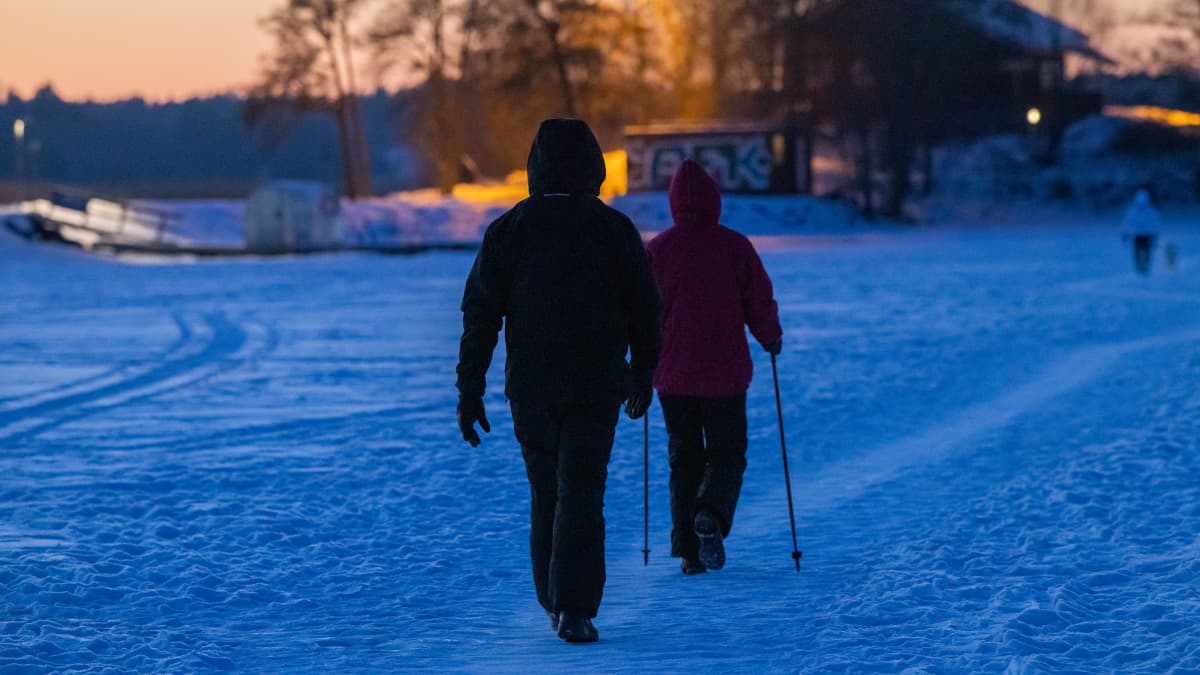 Pariskunta kävelyllä talvi-iltana meren jäällä.