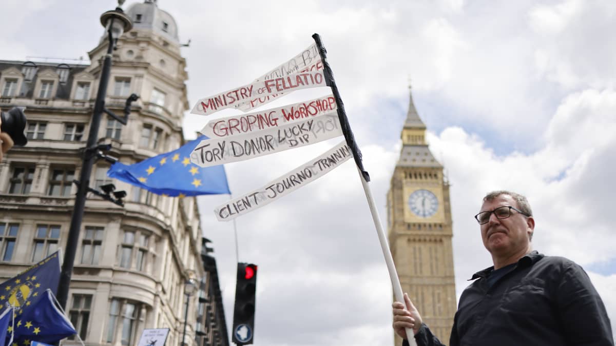 Mielenosoittaja seisoo Britannian parlamentin edessä kädessään kyltti, jossa on tienviittoja.