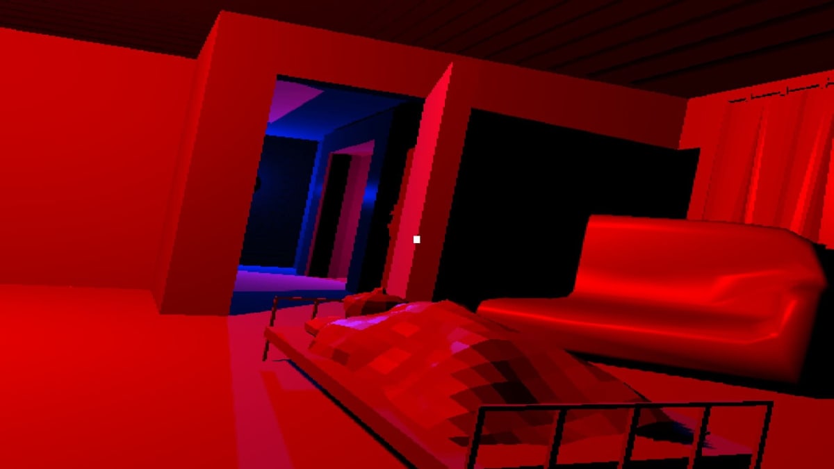 Digitaalinen kuva, jossa punainen makuuhuone. 