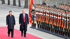 Presidentit Xi ja Trump kävelevät vakavina mustissa puvuissa ja päällystakeissa punaisella matolla kunniakaartin ohi. Xin päällystakki on napitettu, Trumpin päällystakki on auki ja kirkkaanpunainen kravatti näkyy koko pituudeltaan.