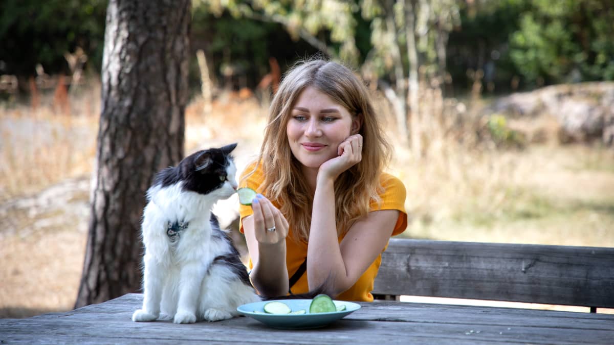 Heli Montonen syöttää Mauri-kissalle kurkkua puutarhassa. 