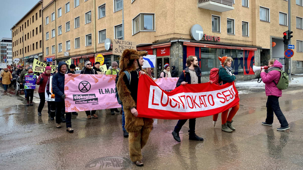 Mielenosoituskulkue keskellä tietä