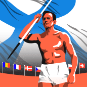 Kuvitteellinen juliste Helsingin työläisolympialaisten mainoksesta. Punasävyisessä julisteessa paljasrintainen lihaksikas keihäänheittäjä. Taustalla on iso suomen lippu ja pienempänä muiden eurooppalaisten maiden lippuja.
