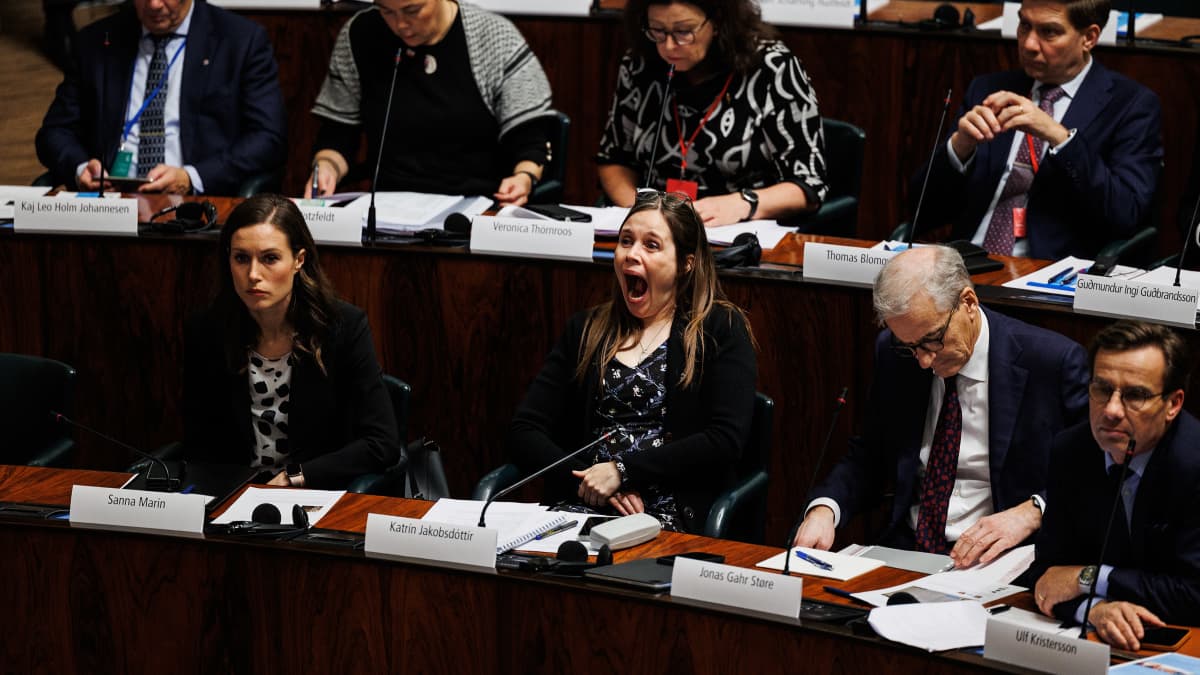 Sanna Marin kuuntelee Erkki Tuomiojaa, Katrin Jakobsdottir haukottelee, vieressä Jonas Gahr Store ja Ulf Kristersson.