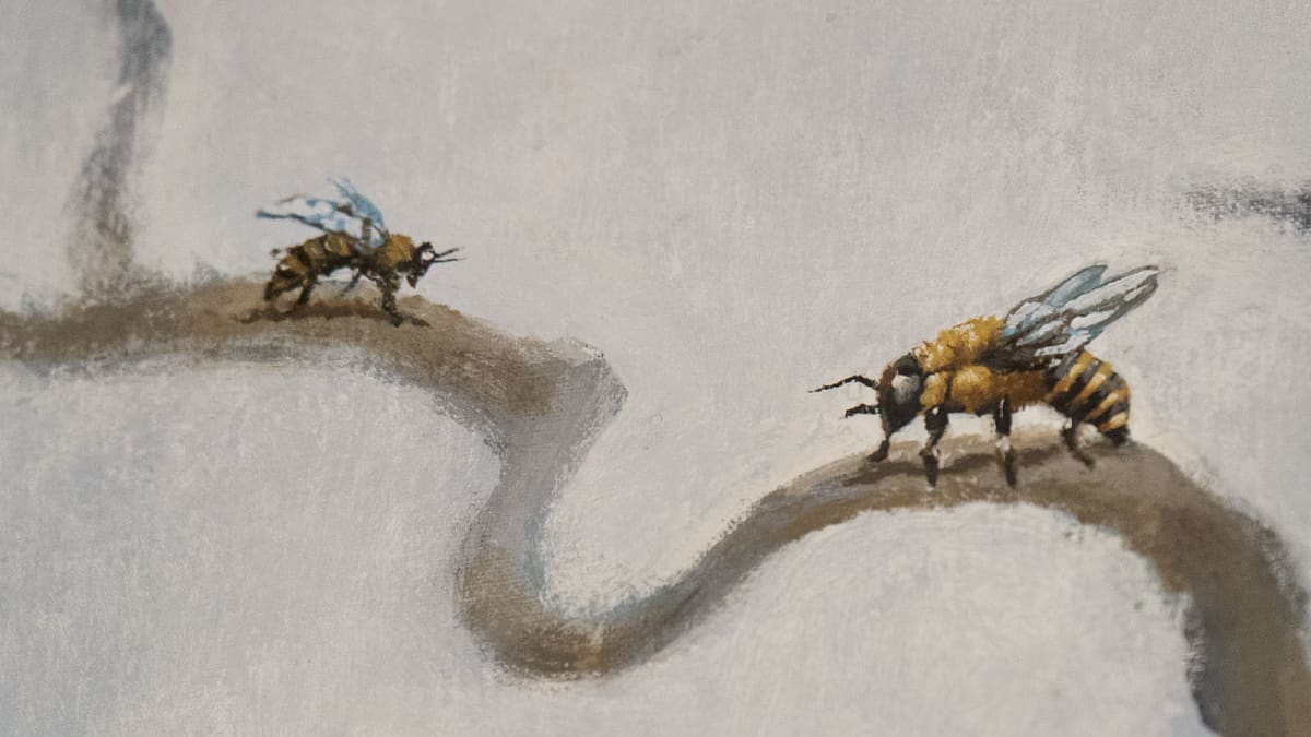 Yksityiskohta Samuli Heimosen taidemaalauksesta: Kaksi mehiläistä oksalla