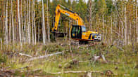 Kaivinkone ennallistamassa suoaluetta. Se peittää kaivettuja metsäojia umpeen.