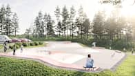 Kuva esittää modernia skeittipuistoa aurinkoisena päivänä, jossa ihmisiä rullaluistelee ja viettää aikaa vehreässä ympäristössä. Puisto on ympäröity metsällä ja pysäköityjä autoja näkyy taustalla.