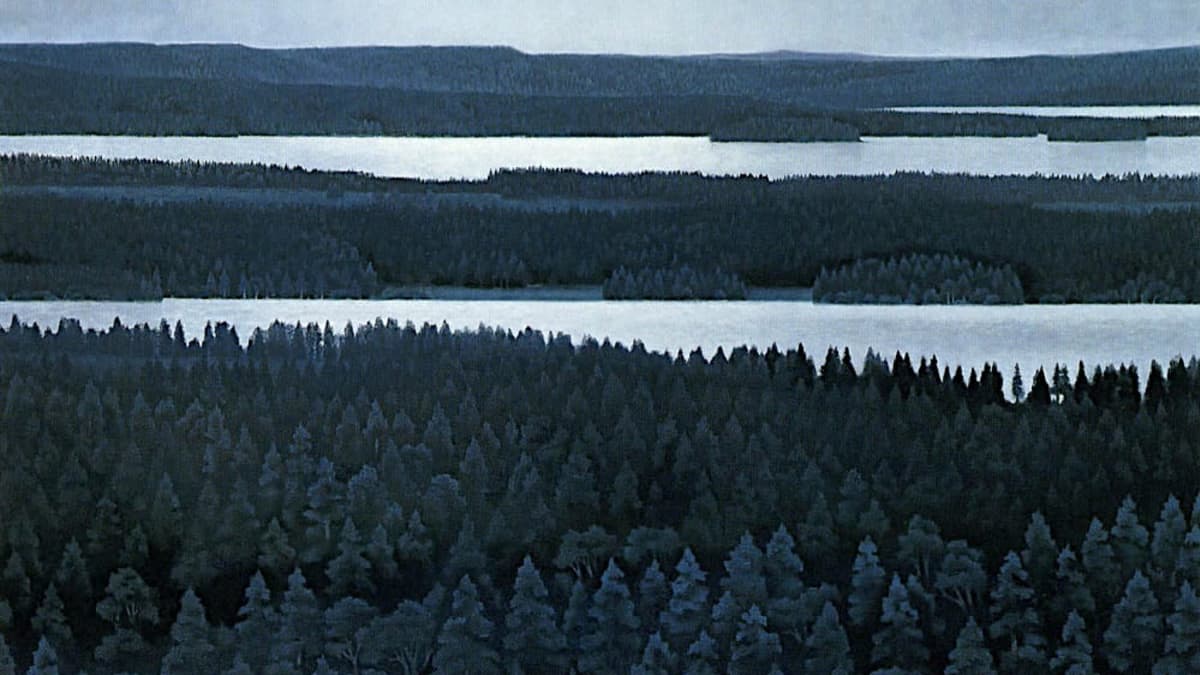 Valokyva teoksesta, johon on maalattu metsää ja järveä yöttömän yön valossa.