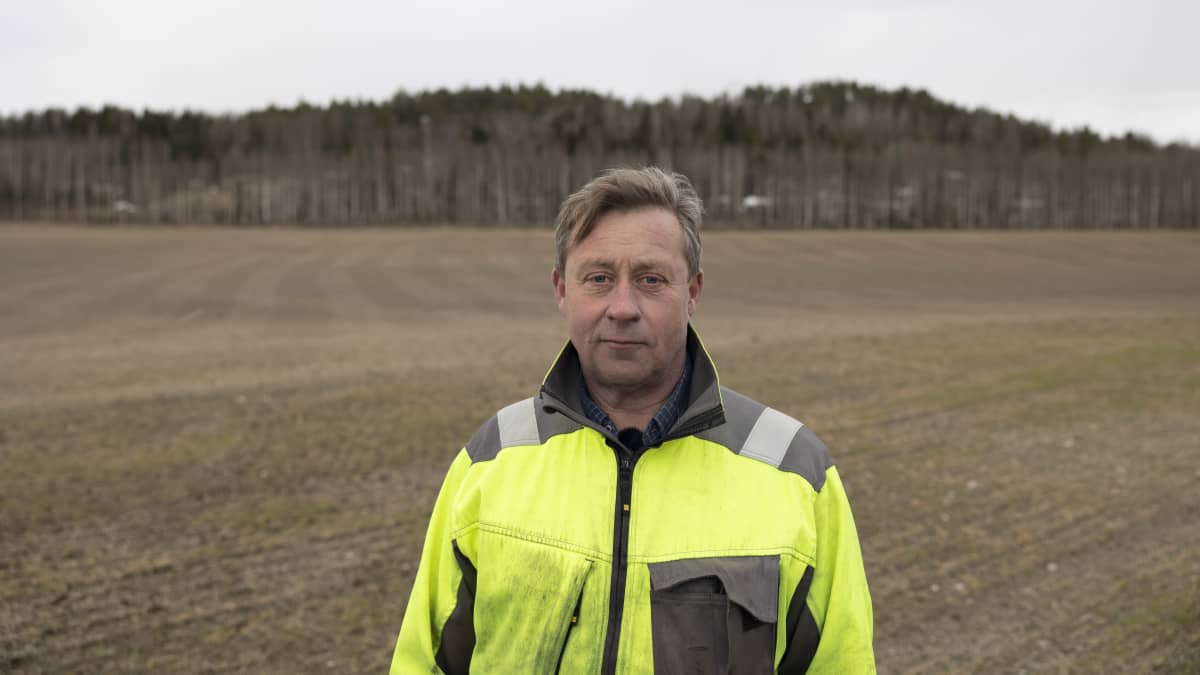 MTK:n viljelyasiantuntija Max Schulman seisoo pellon keskellä Lohjalla neonkeltaisessa takissaan.