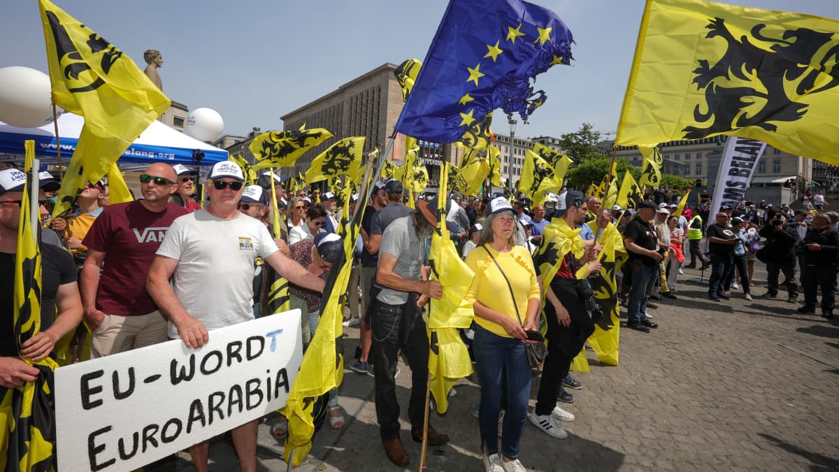 Keltamustat liput liehuvat ihmisjoukon päällä, etualalla julisteessa lukee "EU-WORDT EuroARABIA". Mielenosoittajilla samanlaiset valkomustat lippalakit, aurinko paistaa.