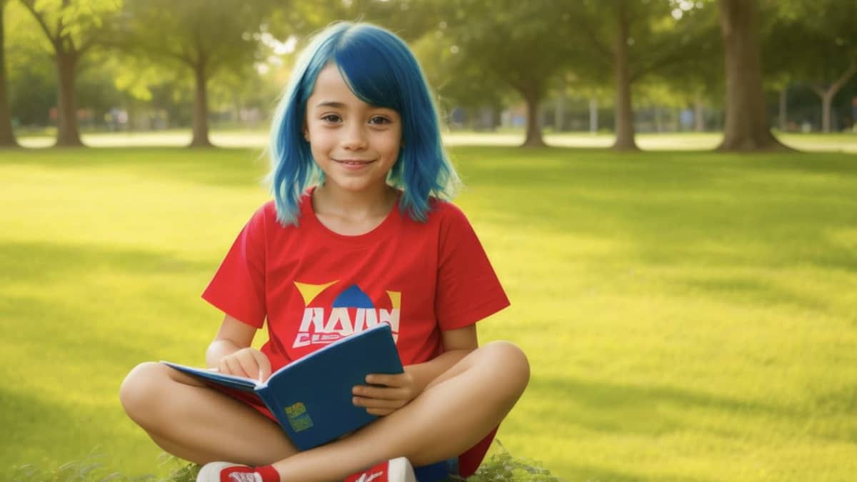 Sinihiuksinen tyttö istuu kivellä kirjan kanssa vihreässä puistossa.