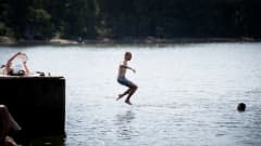 Mies hyppää laiturilta veteen.