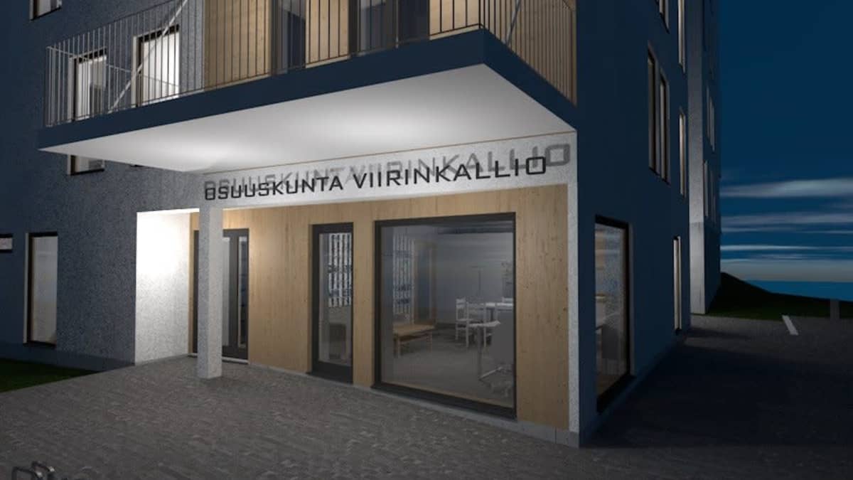 Havainnekuva kerrostalorakennuksen julkisivusta etuoven kohdalta.