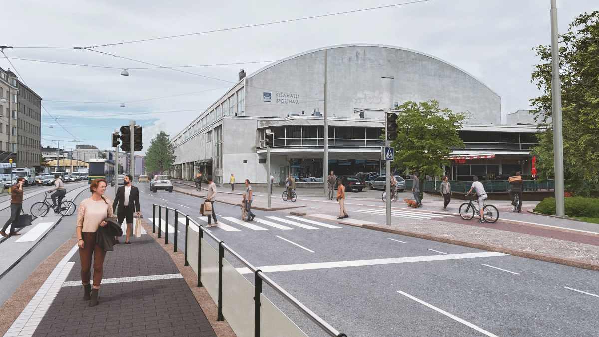 Havainnekuvassa Mannerheimintien reunassa Kisahallin edustalla kulkee yksikaistainen pyörätie.