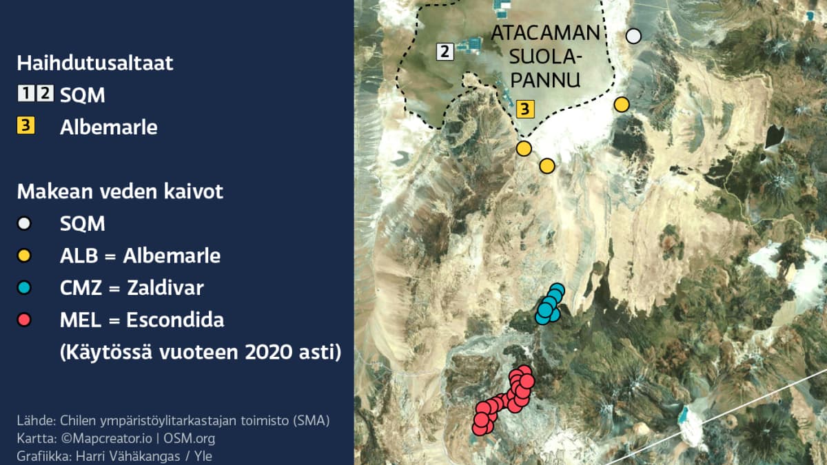 Kartalla Atacaman suolapannun alueella olevat kaivokset ja kylät.