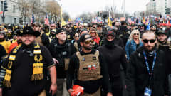 Suuri joukko Trumpin kannattajia marssii kadulla, Etualalla on pääosin mustiin pukeutunutta väkeä. Keskellä on Proud Boys -järjestön johtaja, parrakas Enrique Tarrio mustissa laseissa ja lippalakissa, jonka lippa on käännetty niskan puolelle.