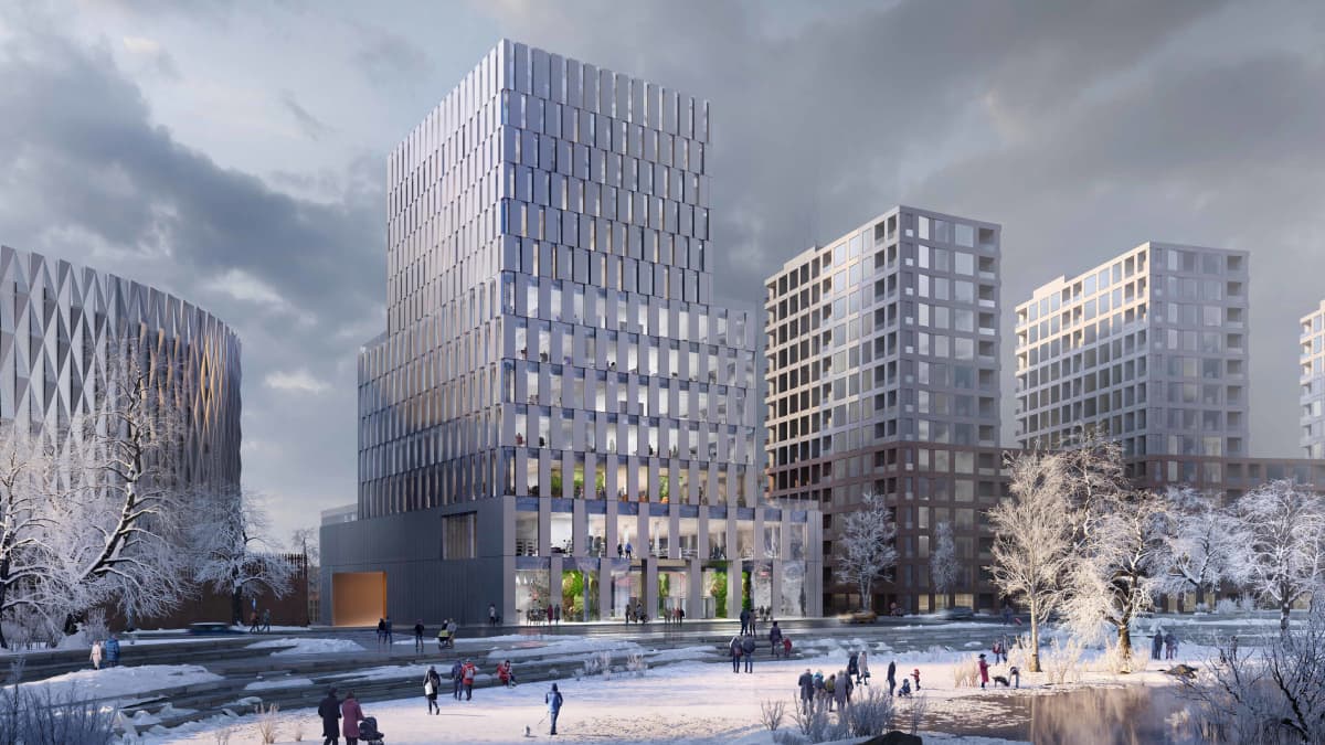 Helsingin Jätkäsaaren etelärannalle rakennetaan uusi 13-kerroksinen tornitalo. Havainnekuva rakennuksesta.